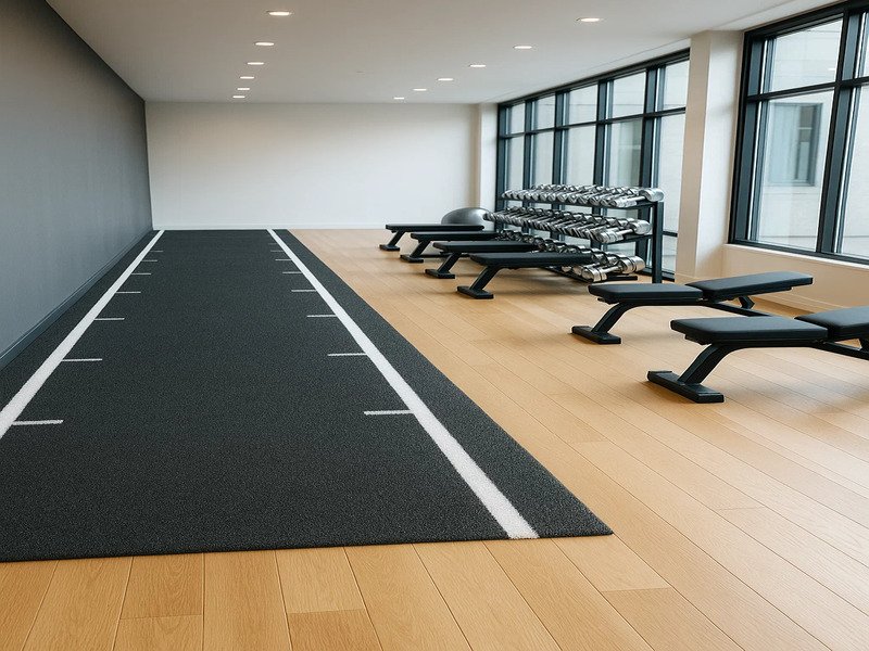 Rolls of green astro turf ready for professional installation in a gym